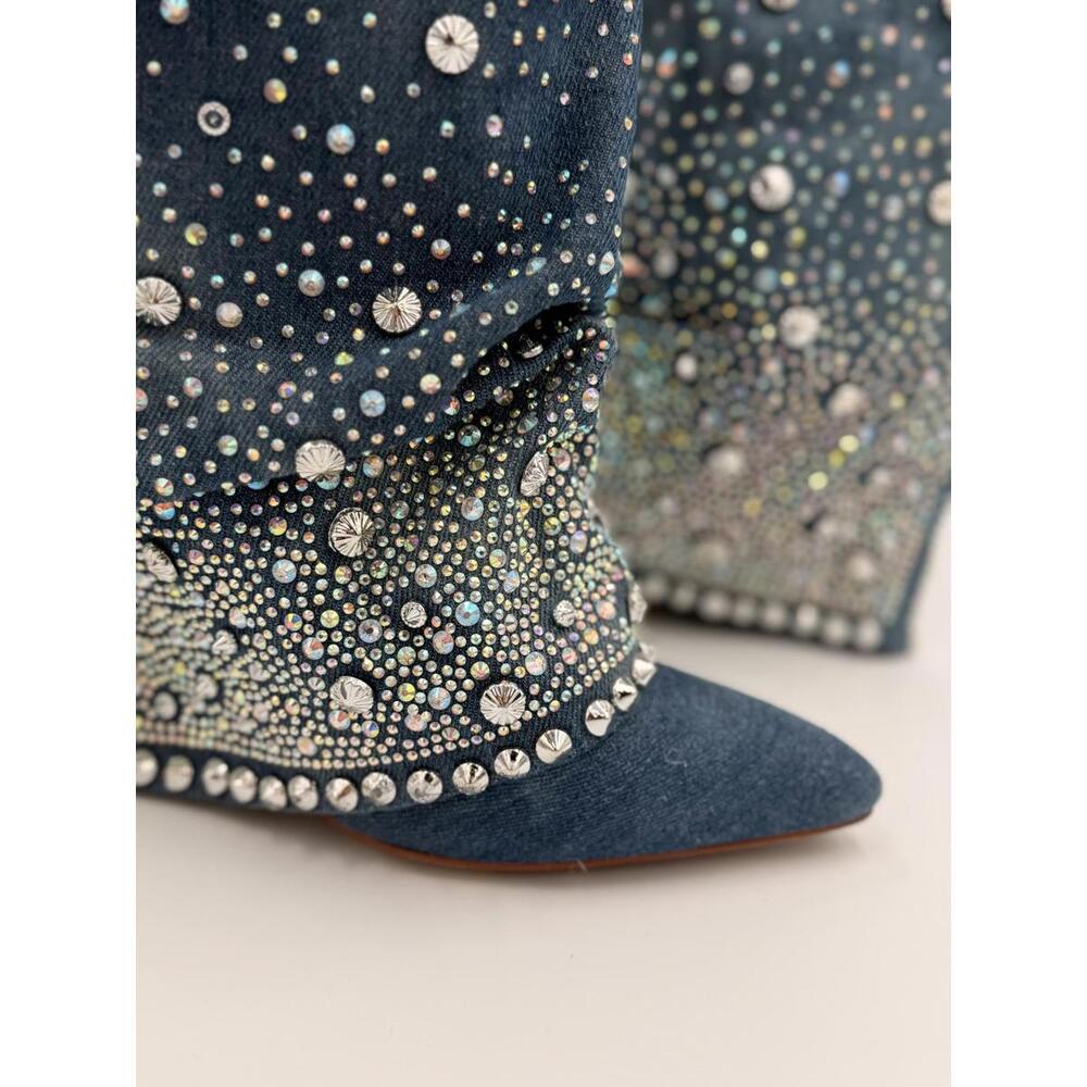 AZALEA WANG Denim studded rhinestone cowboy western bling Boots Sz. 8.5 - Picture 2 of 8